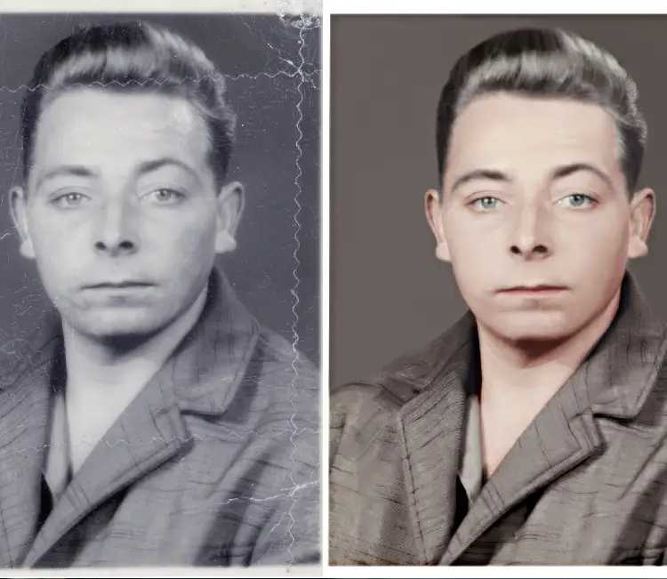 A man in a suit and tie before and after he was taken.