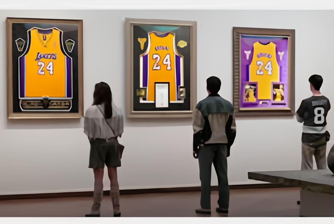 Two people looking at a painting of kobe bryant.